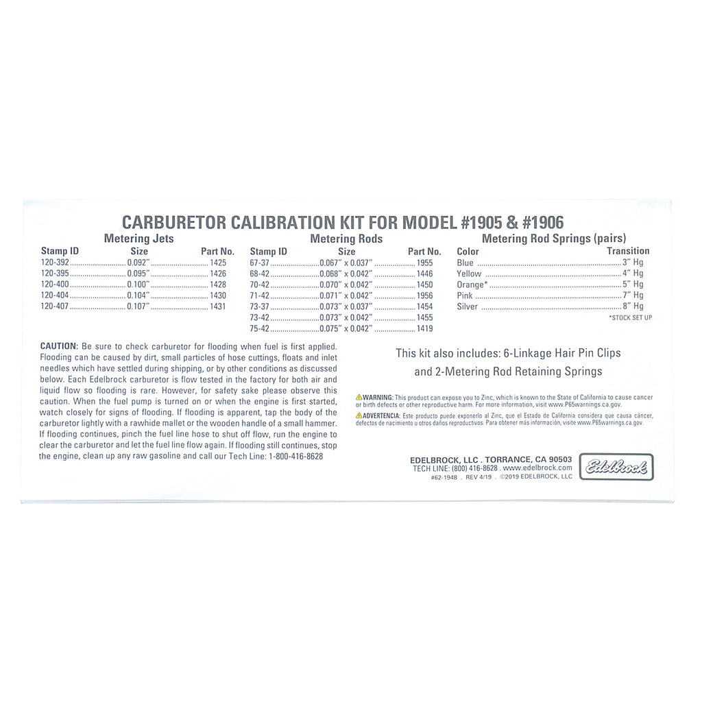 Edelbrock 1948 Edelbrock AVS2 Series Carburetor Calibration Kit #1948