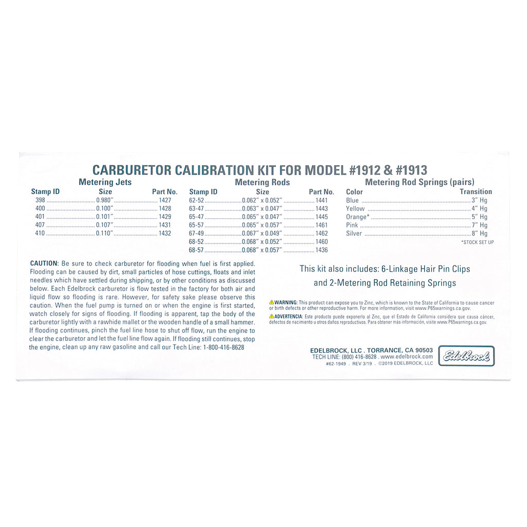Edelbrock 1949 Edelbrock AVS2 Series Carburetor Calibration Kit #1949
