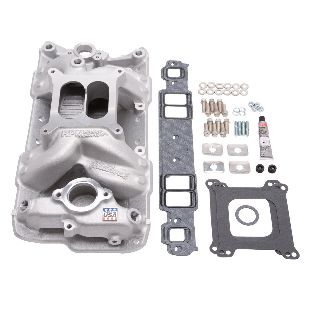 Edelbrock 2042 PN 2701 Chevrolet SB RPM Air Gap Manifold w/ Gaskets, Bolts, Studs, RTV for Select Avanti II, Buick Century, Buick Commercial Chassis, Buick LeSabre, Buick Regal, Buick Roadmaster, Buick Skylark, Checker Aerobus, Checker Deluxe, Checker