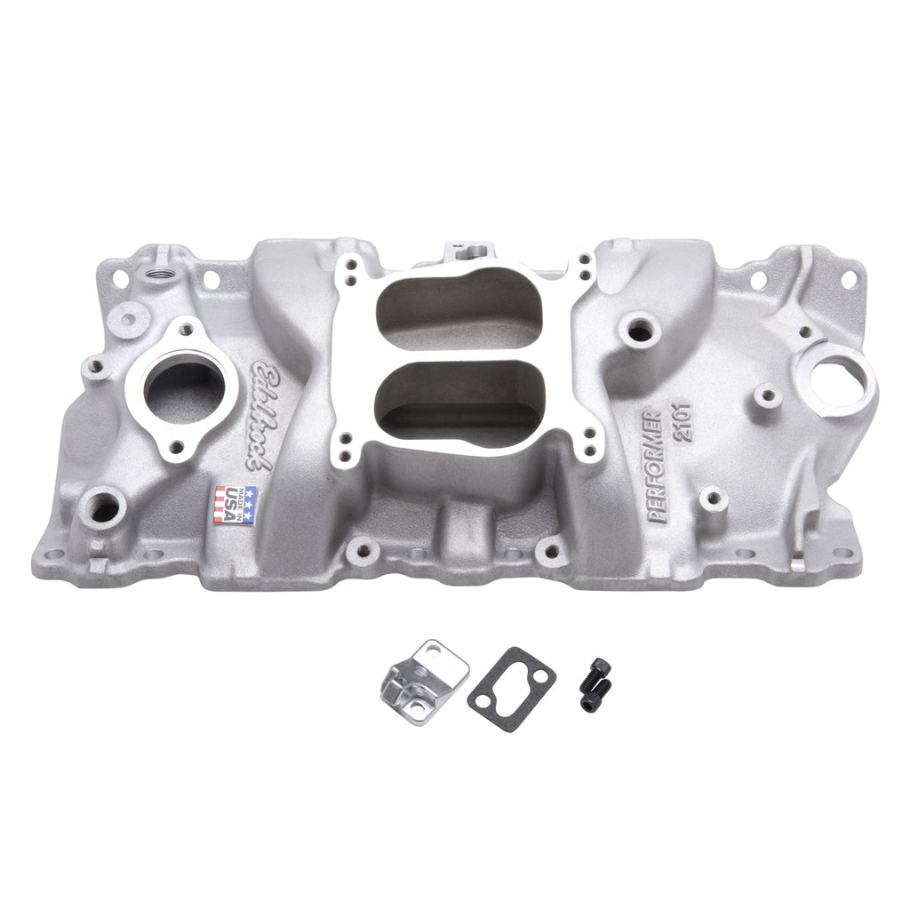 Edelbrock 2101 Performer Intake Manifold Small-Block Chevy for Select Chevrolet Bel Air, Chevrolet Biscayne, Chevrolet Blazer, Chevrolet Brookwood, Chevrolet C10, Chevrolet C10 Pickup, Chevrolet C10 Suburban, Chevrolet C20, Chevrolet C20 Pickup,