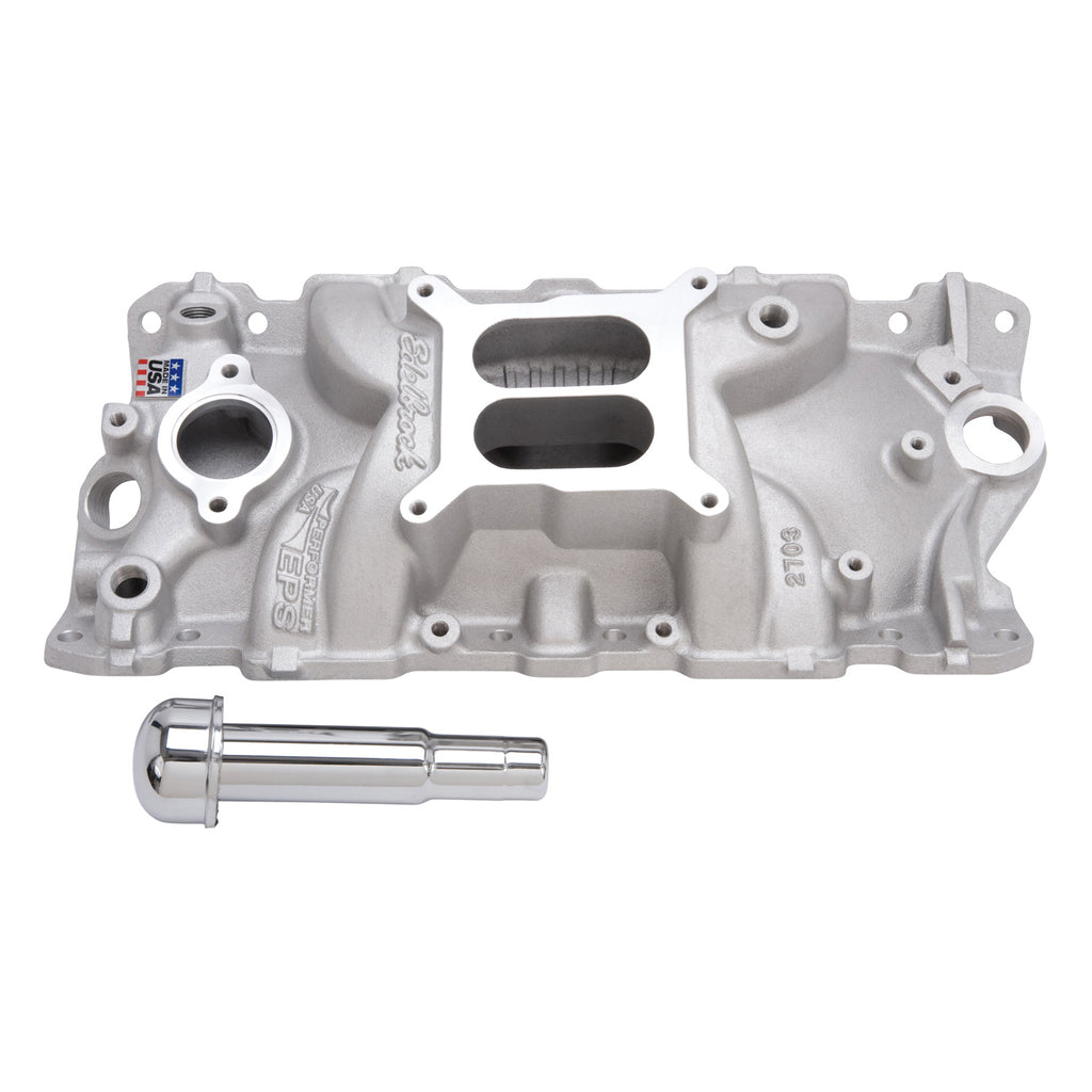 Edelbrock 2703 Performer EPS Intake Manifold With Oil Fill Tube Small-Block Chevy for Select Avanti II, Buick Century, Buick LeSabre, Buick Regal, Buick Skylark, Checker Aerobus, Checker Deluxe, Checker Marathon, Checker Taxicab, Chevrolet 3B, Chevrolet