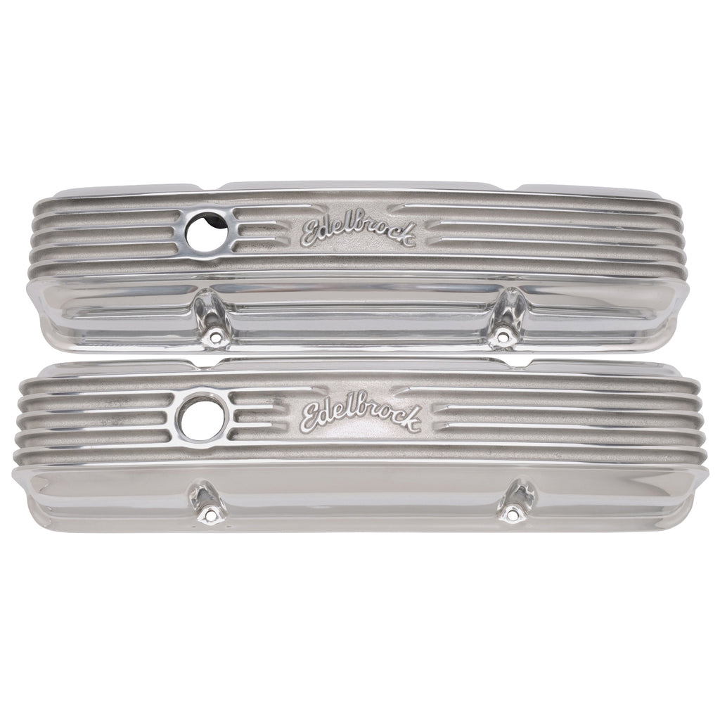 Edelbrock 4144 Classic Series Valve Cover Chevy 262-400 V8 1959-86 applications for Select Buick Century, Buick LeSabre, Buick Regal, Buick Skylark, Chevrolet Bel Air, Chevrolet Biscayne, Chevrolet Blazer, Chevrolet Brookwood, Chevrolet C10, Chevrolet