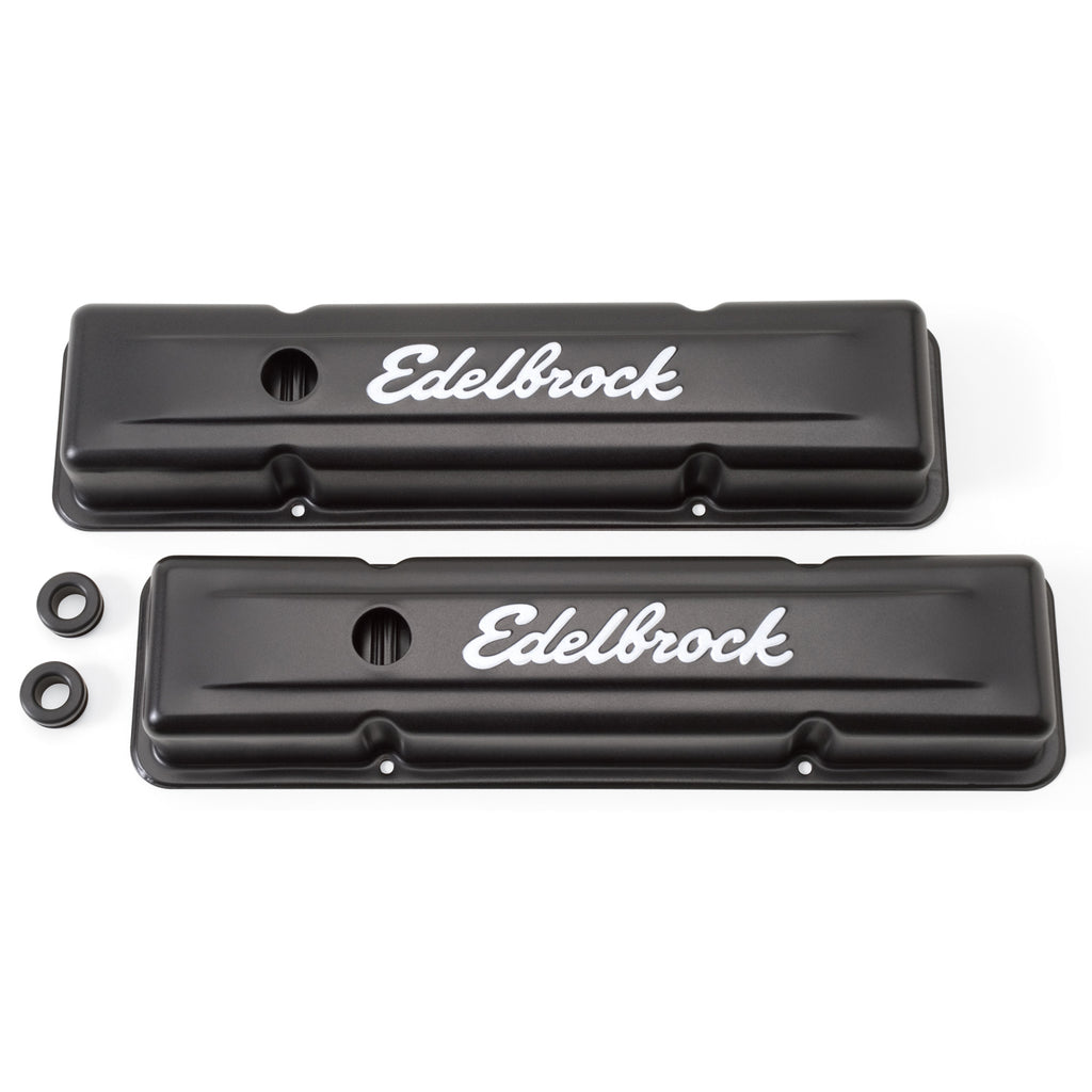 Edelbrock 4443 Signature Series Valve Covers, Black, Low Profile, Chevrolet 262-400, '59-'86 for Select Buick Century, Buick LeSabre, Buick Regal, Buick Skylark, Chevrolet Bel Air, Chevrolet Biscayne, Chevrolet Blazer, Chevrolet Brookwood, Chevrolet C10,