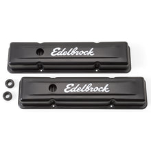 Load image into Gallery viewer, Edelbrock 4443 Signature Series Valve Covers, Black, Low Profile, Chevrolet 262-400, '59-'86 for Select Buick Century, Buick LeSabre, Buick Regal, Buick Skylark, Chevrolet Bel Air, Chevrolet Biscayne, Chevrolet Blazer, Chevrolet Brookwood, Chevrolet C10,