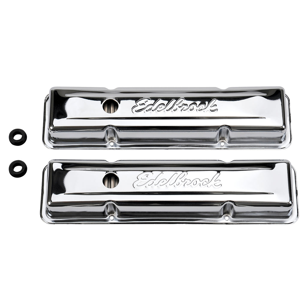 Edelbrock 4449 Signature Series Valve Covers, Chrome, Low Profile, Chevrolet 262-400, '59-'86 for Select Buick Century, Buick LeSabre, Buick Regal, Buick Skylark, Chevrolet Bel Air, Chevrolet Biscayne, Chevrolet Blazer, Chevrolet Brookwood, Chevrolet