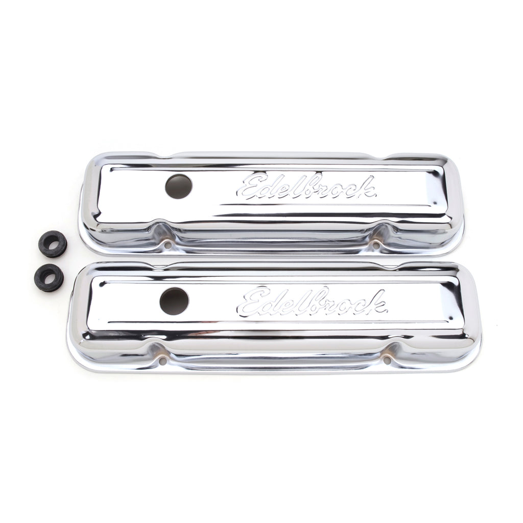 Edelbrock 4456 Signature Series Valve Covers, Chrome, Low Profile, Pontiac 301-455 V8, '62-'79 for Select Buick Century, Buick LeSabre, Buick Regal, Buick Skylark, Oldsmobile Delta 88, Pontiac Bonneville, Pontiac Catalina, Pontiac Executive, Pontiac