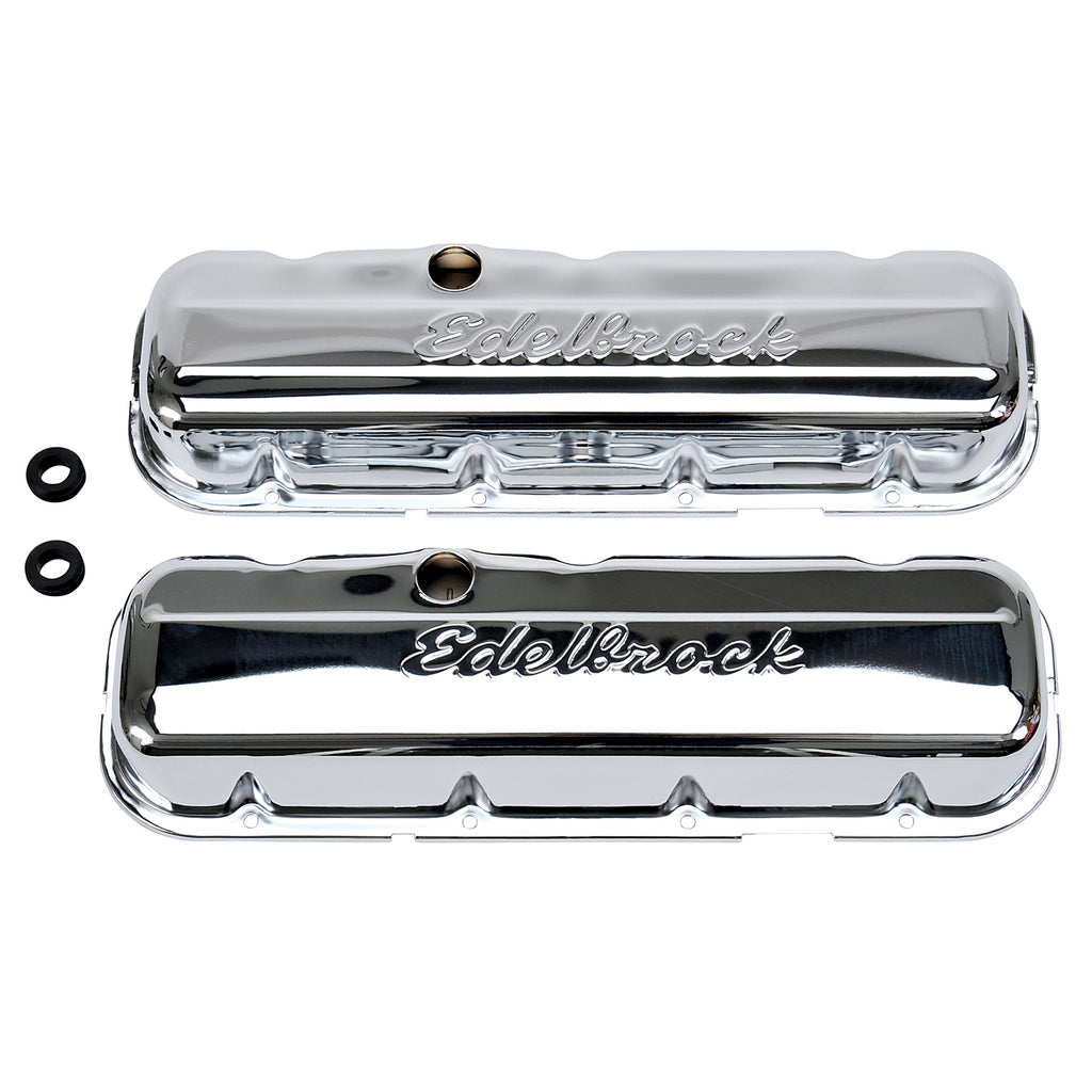 Edelbrock 4480 Signature Series Valve Covers, Chrome, Low Profile, Chevrolet 396-502, '65-Later for Select Chevrolet Bel Air, Chevrolet Biscayne, Chevrolet Blazer, Chevrolet Brookwood, Chevrolet C10, Chevrolet C10 Pickup, Chevrolet C10 Suburban,