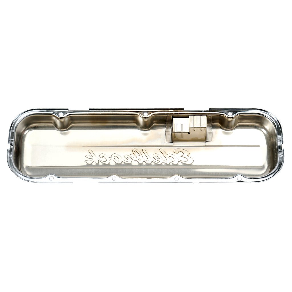 Edelbrock 4480 Signature Series Valve Covers, Chrome, Low Profile, Chevrolet 396-502, '65-Later for Select Chevrolet Bel Air, Chevrolet Biscayne, Chevrolet Blazer, Chevrolet Brookwood, Chevrolet C10, Chevrolet C10 Pickup, Chevrolet C10 Suburban,