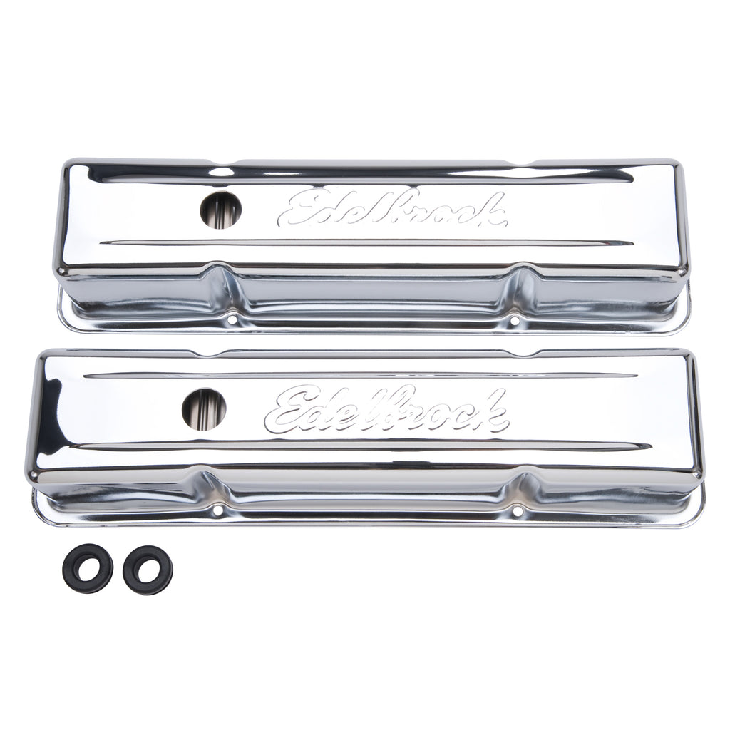 Edelbrock 4649 Signature Series Valve Covers, Chrome, Tall Profile, Chevrolet 262-400, '59-'86 for Select Buick Century, Buick LeSabre, Buick Regal, Buick Skylark, Chevrolet Bel Air, Chevrolet Biscayne, Chevrolet Blazer, Chevrolet Brookwood, Chevrolet
