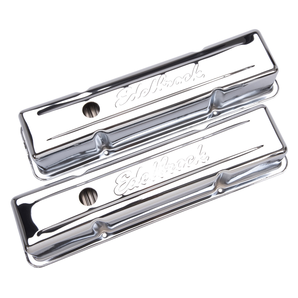 Edelbrock 4649 Signature Series Valve Covers, Chrome, Tall Profile, Chevrolet 262-400, '59-'86 for Select Buick Century, Buick LeSabre, Buick Regal, Buick Skylark, Chevrolet Bel Air, Chevrolet Biscayne, Chevrolet Blazer, Chevrolet Brookwood, Chevrolet