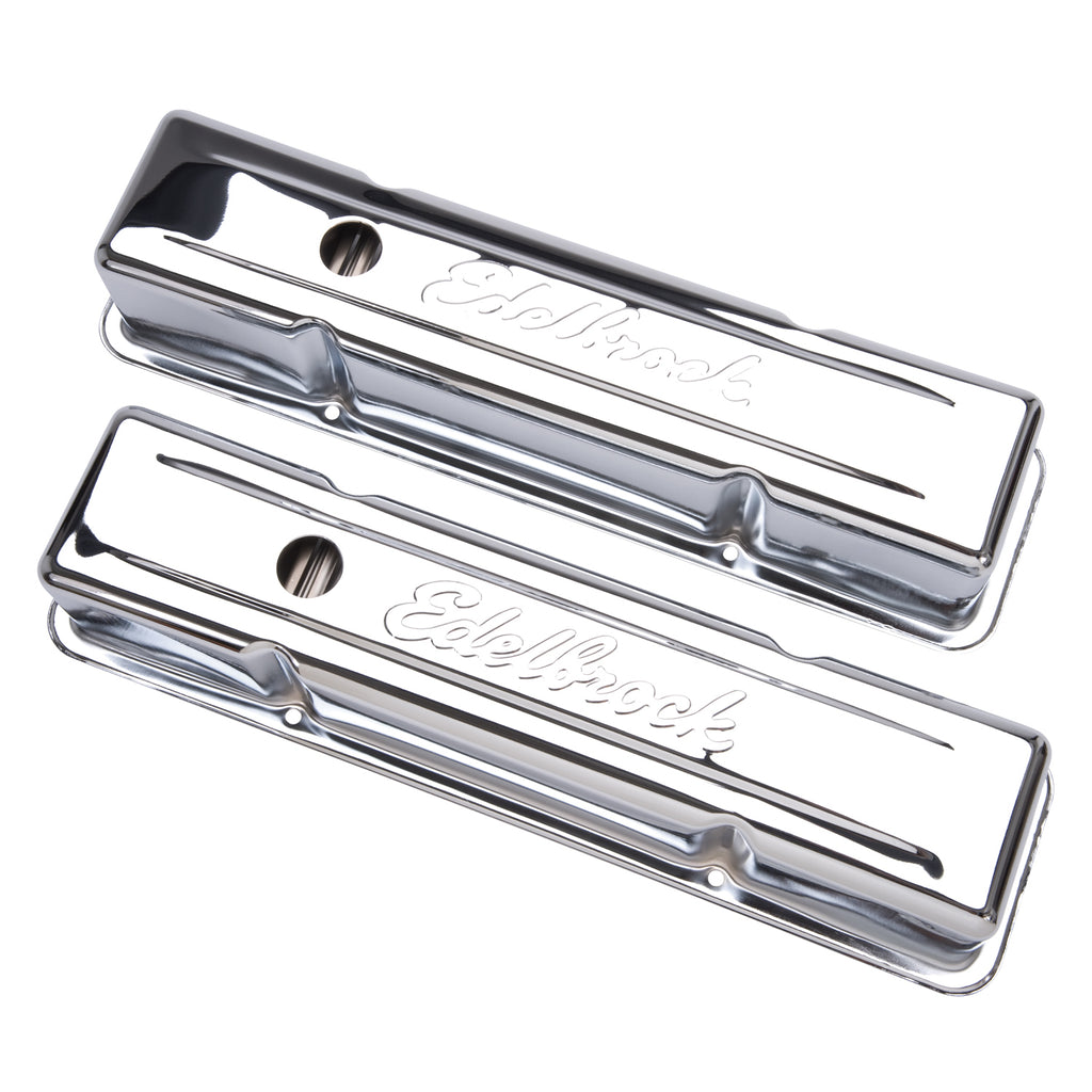 Edelbrock 4649 Signature Series Valve Covers, Chrome, Tall Profile, Chevrolet 262-400, '59-'86 for Select Buick Century, Buick LeSabre, Buick Regal, Buick Skylark, Chevrolet Bel Air, Chevrolet Biscayne, Chevrolet Blazer, Chevrolet Brookwood, Chevrolet