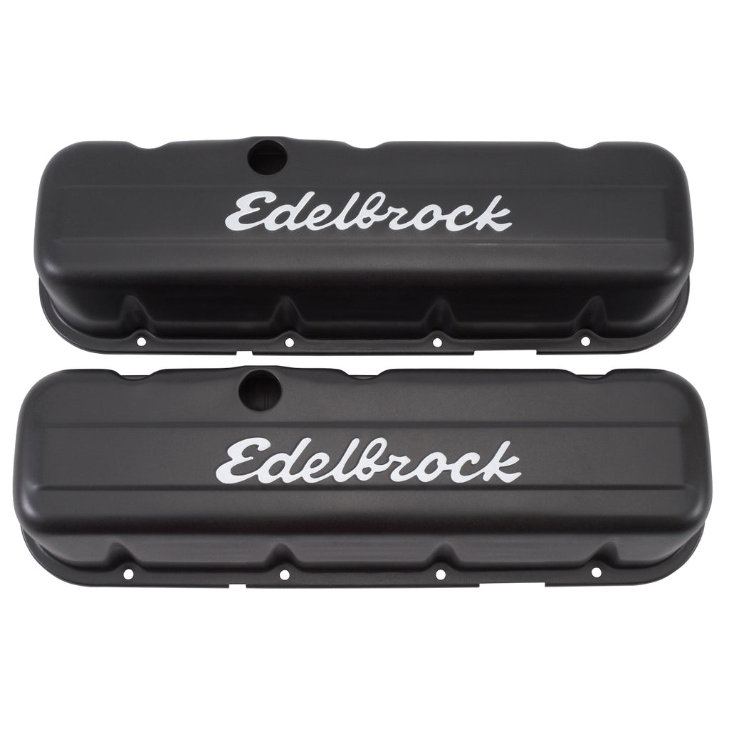 Edelbrock 4683 Signature Series Valve Covers, Black, Tall Profile, Chevrolet 396-502, '65-Later for Select Chevrolet Bel Air, Chevrolet Biscayne, Chevrolet Blazer, Chevrolet Brookwood, Chevrolet C10, Chevrolet C10 Pickup, Chevrolet C10 Suburban,