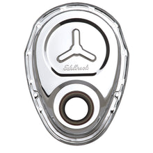 Load image into Gallery viewer, Edelbrock 4860 Timing Cover SBC Stamped Steel W/Welded Star &amp; Logo Chrome for Select Avanti II, Buick Century, Buick Commercial Chassis, Buick LeSabre, Buick Regal, Buick Roadmaster, Buick Skylark, Checker Aerobus, Checker Deluxe, Checker Marathon,
