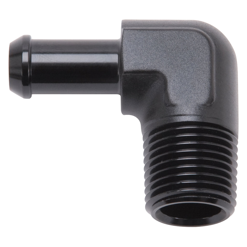Edelbrock 8169 Heater Hose End Fitting - 90Â° with 1/2" NPT and 3/8" Barb.