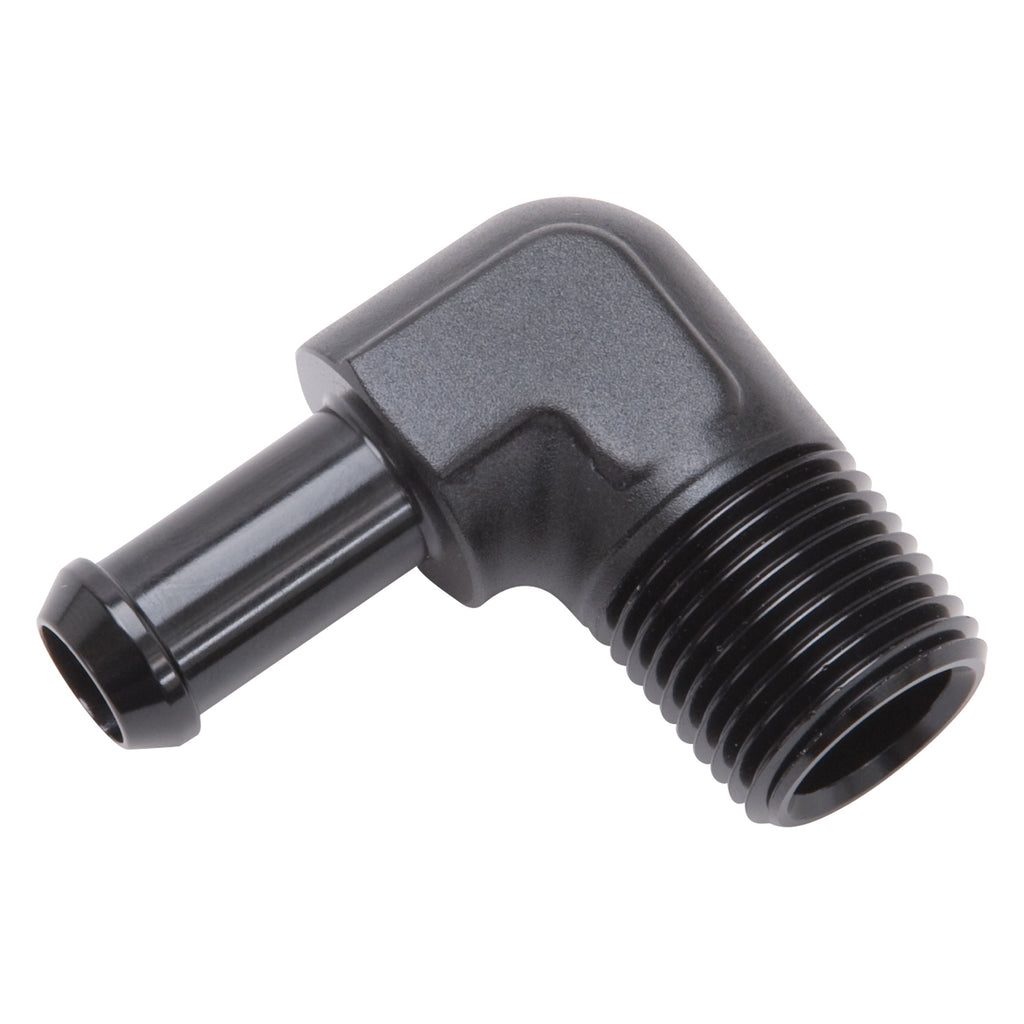 Edelbrock 8169 Heater Hose End Fitting - 90Â° with 1/2" NPT and 3/8" Barb.