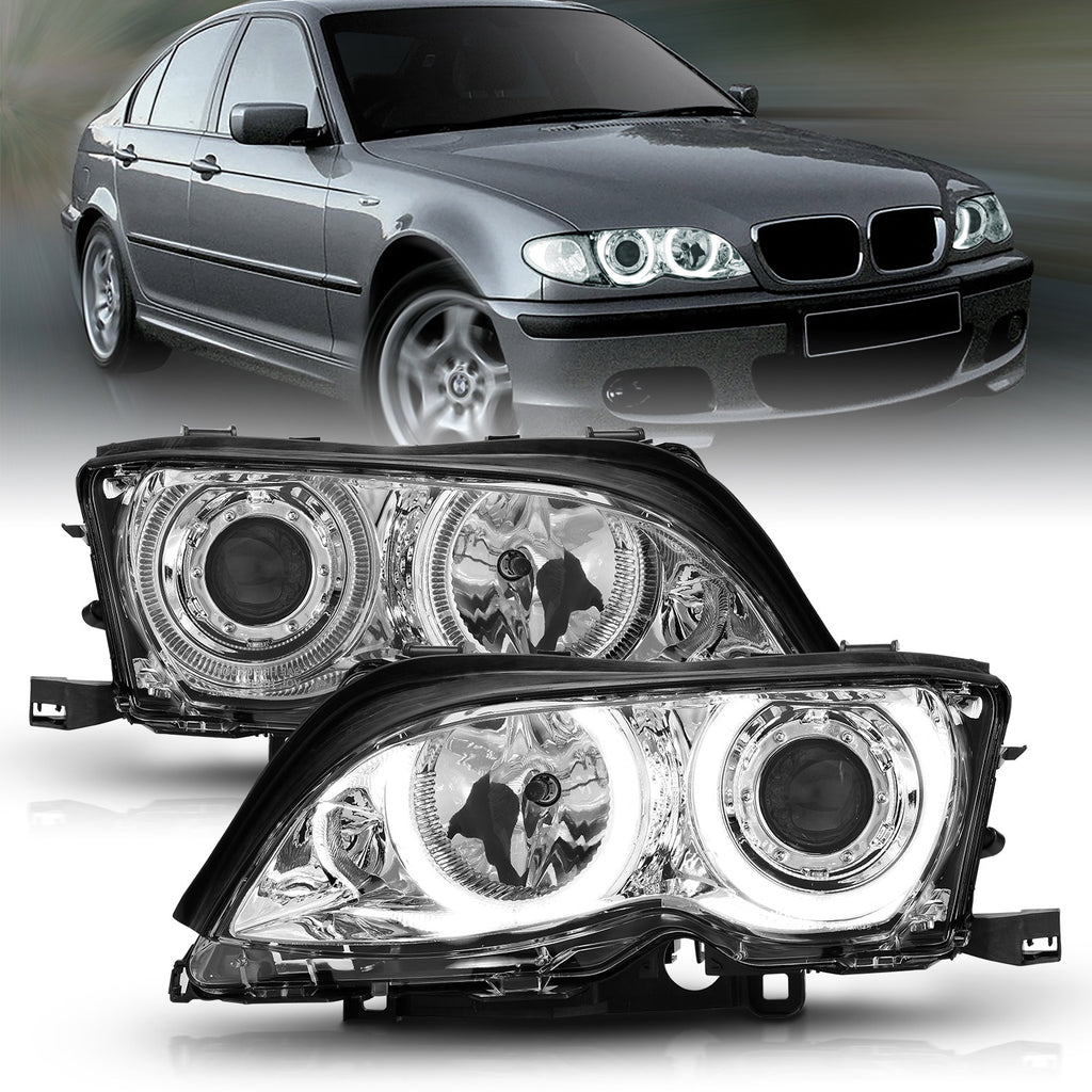 0205-Bmw-3-Series-E46-4Dr-Headlights-Chrome-Clear-Projector-With-Halos