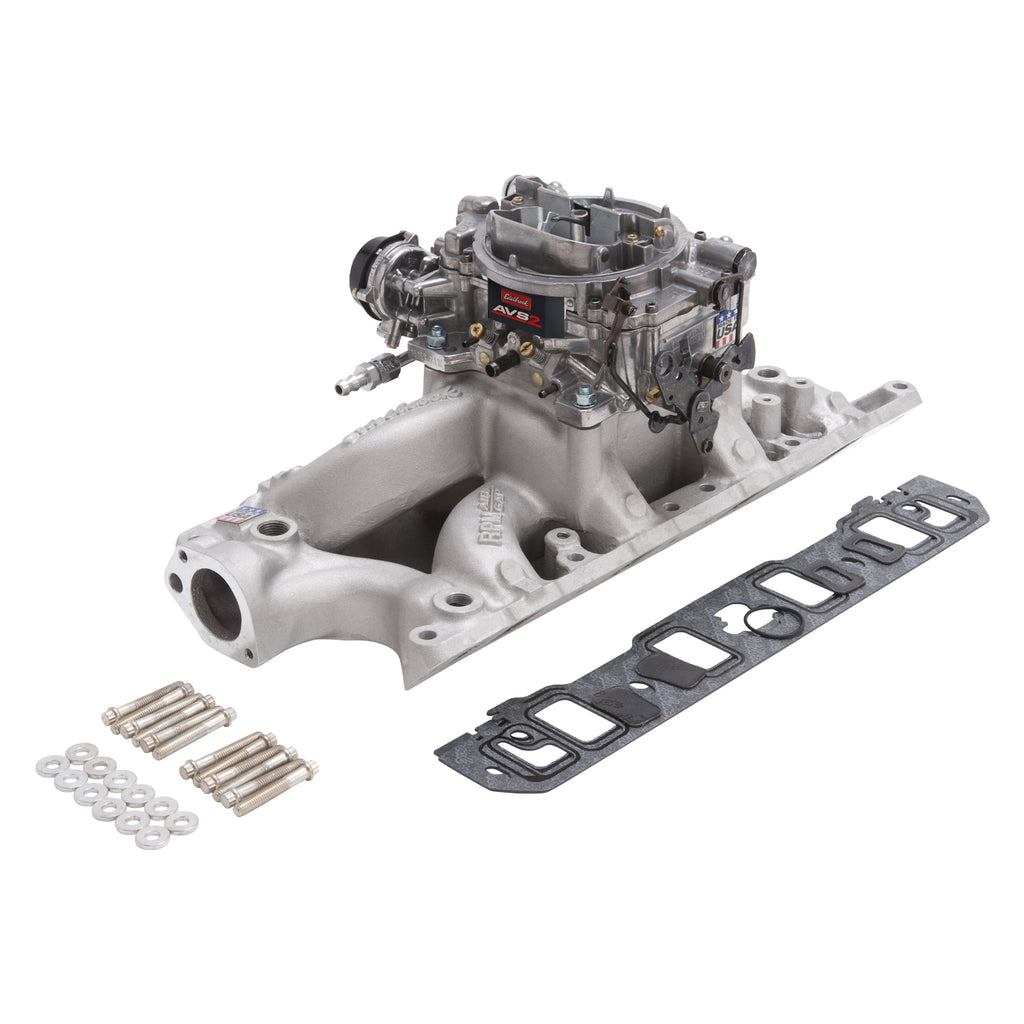 Manifold-And-Carb-Kit-Performer-Rpm-Air-Gap-Small-Block-Ford-289-302-Natural-Finish