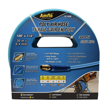 Amflo 12-100E Poly Air Hose, 1/4" x 100', 300PSI - 1/4" NPT