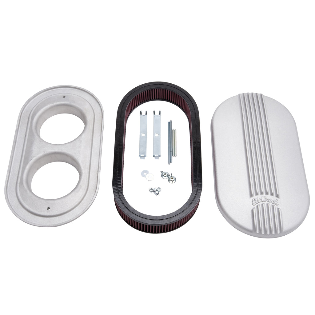 Edelbrock 41199 Pro-Flo Satin Large Oval Cast Air Cleaner for Dual-Quads - 2.4" Element