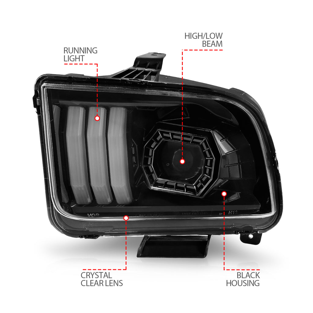 05-09-Ford-Mustang-(WFactory-Halogen-Hl-Only)-Projector-Headlights-WLight-Bar-Black-Housing