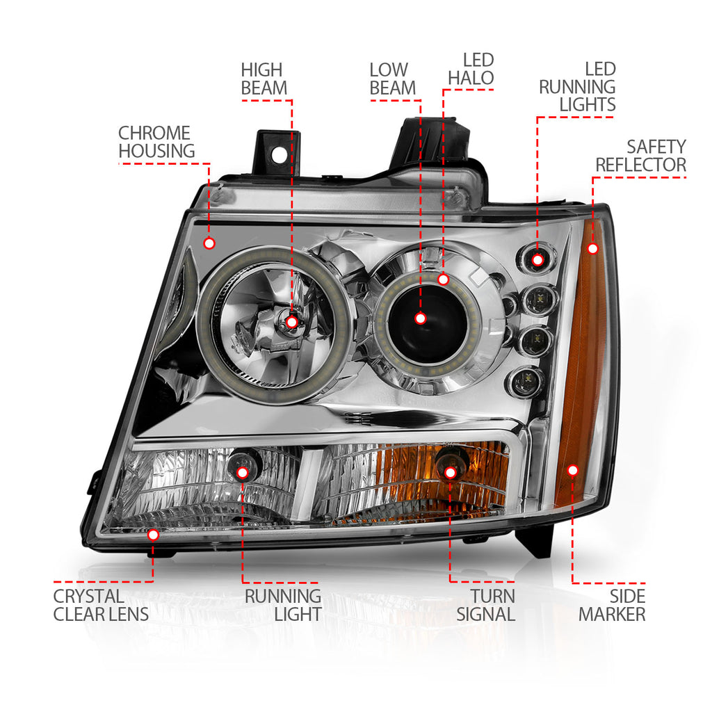0713-Avalanche0714-SuburbanTahoe-Headlights-Chrome-Clear-Projector-With-Halos-DrivPass