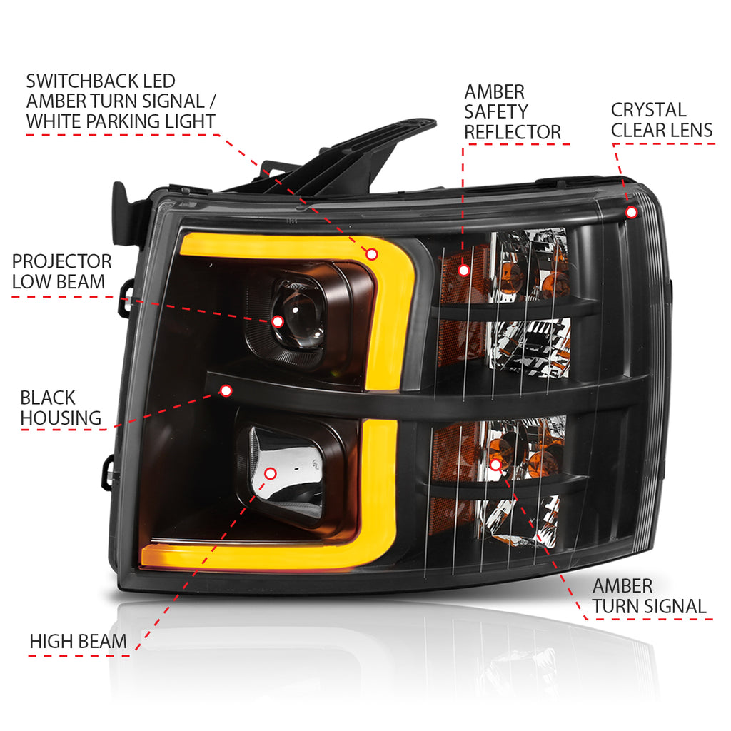 0713-Silverado-150025003500-Projector-Headlights-W-Plank-Style-Switchback-Black-W-Amber-Pair