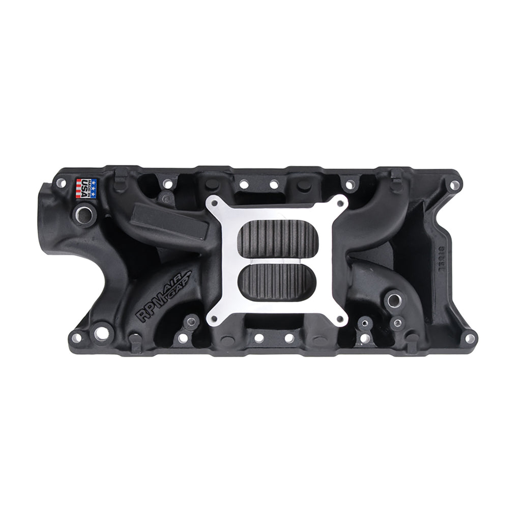 Edelbrock 75213 RPM Air-Gap Small Block Ford 302 Black Intake Manifold for Select AC Shelby Cobra, DeTomaso Mangusta, Ford 300, Ford Bronco, Ford Country Sedan, Ford Country Squire, Ford Custom, Ford Custom 500, Ford E-100 Econoline, Ford E-100 Econoline