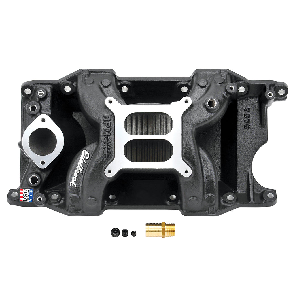 Edelbrock 75763 RPM Air-Gap Small Block Chrysler Black Intake Manifold for Select Bristol 408, Bristol 409, Bristol 410, Chrysler Cordoba, Chrysler LeBaron, Chrysler New Yorker, Chrysler Newport, Chrysler Town & Country, Dodge Aspen, Dodge B100, Dodge