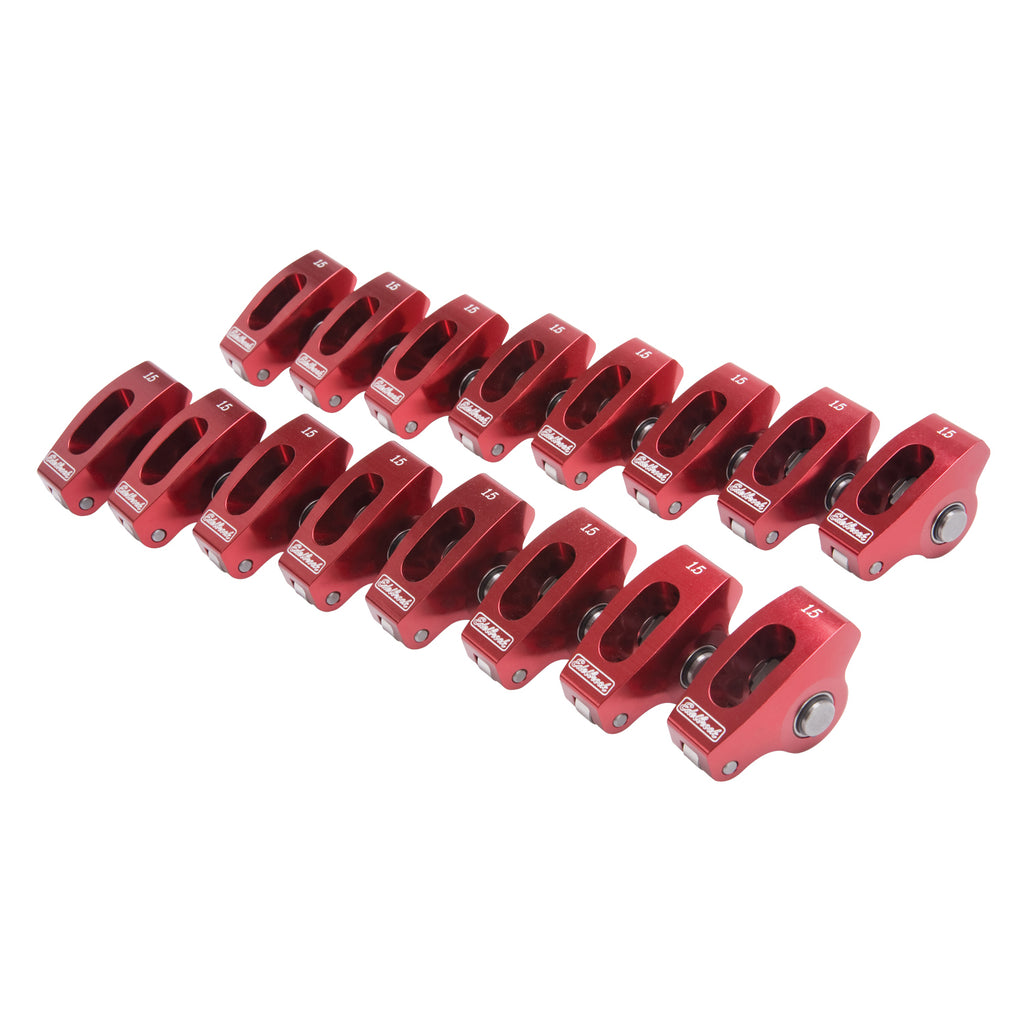 Edelbrock 77760 Red Roller Rockers for Small-Block Chevy 3/8 stud 1.5:1 Wide body (Qty 16)