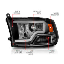 Load image into Gallery viewer, 0918-Ram-15001018-25003500-WQuad-Crystal-Headlights-WLight-Bar-Blk-Fits-Factory-Dual-Hl-Models