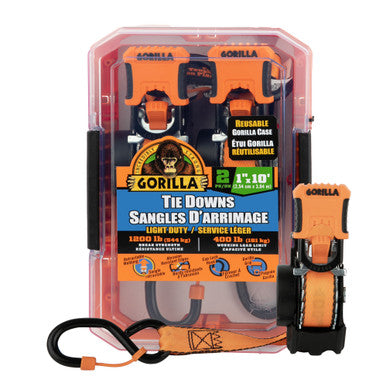 Gorilla 92003 2 Pk 1" X 10' Retractable Ratchet Strap, W/ Orange Gorilla Grip Handle, Cap Locks