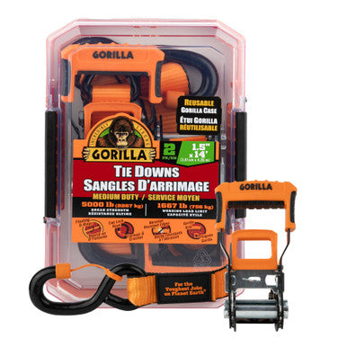 Gorilla 93004 2 Pk 1.5" X 14' Ratchet Strap W/ Orange Gorilla Grip Handle W/ Cap Locks W/ Floating "D" Rings (Orange Webbing)