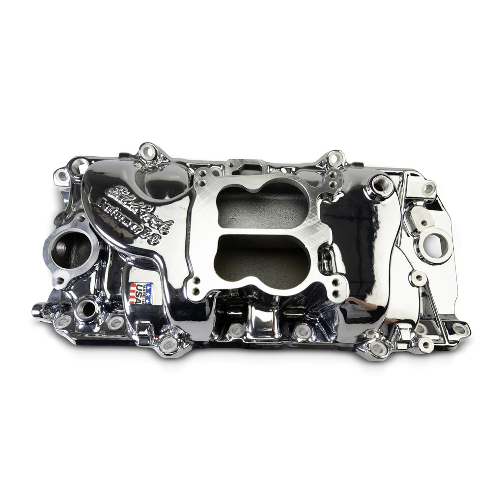 Performer-2-O-Manifold-For-1965-90-BB-Chevy-Oval-Port-Heads,-Chrome-Plasma