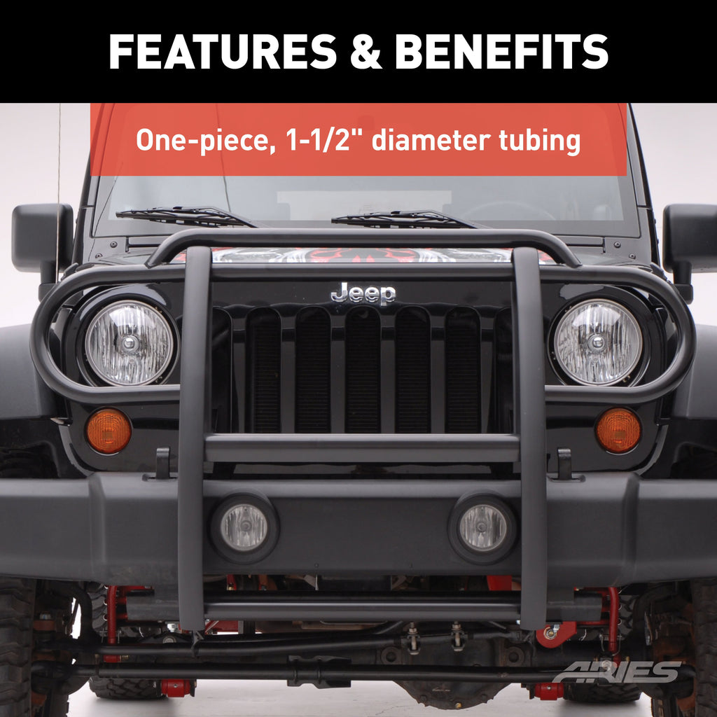 ARIES 1050 Black Steel Grille Guard, Select Jeep Wrangler JK for Select Jeep Wrangler