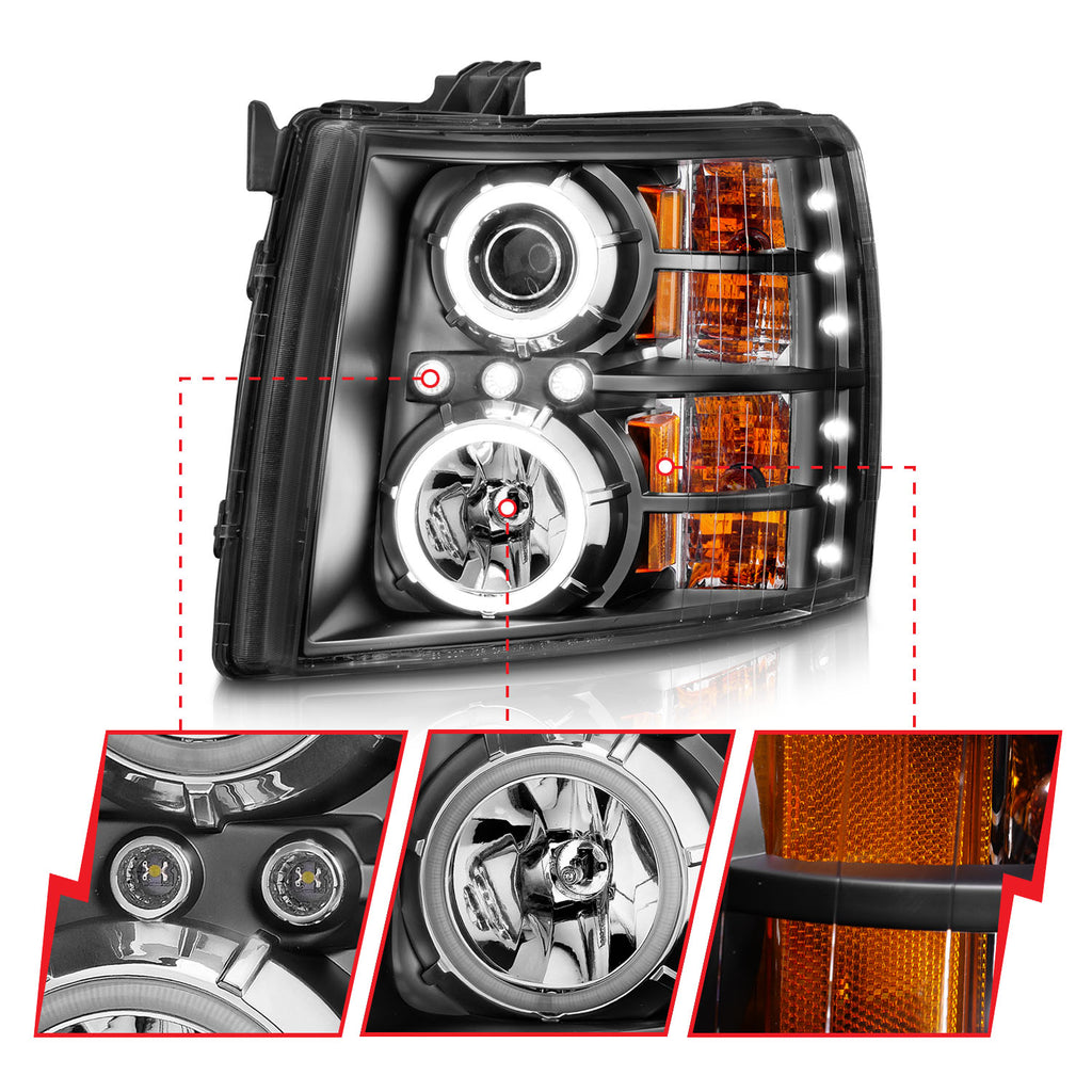 ANZO USA 111107 Projector Headlight Set w/Halo for Select Chevrolet Silverado 1500, Chevrolet Silverado HD, Chevrolet Silverado HD