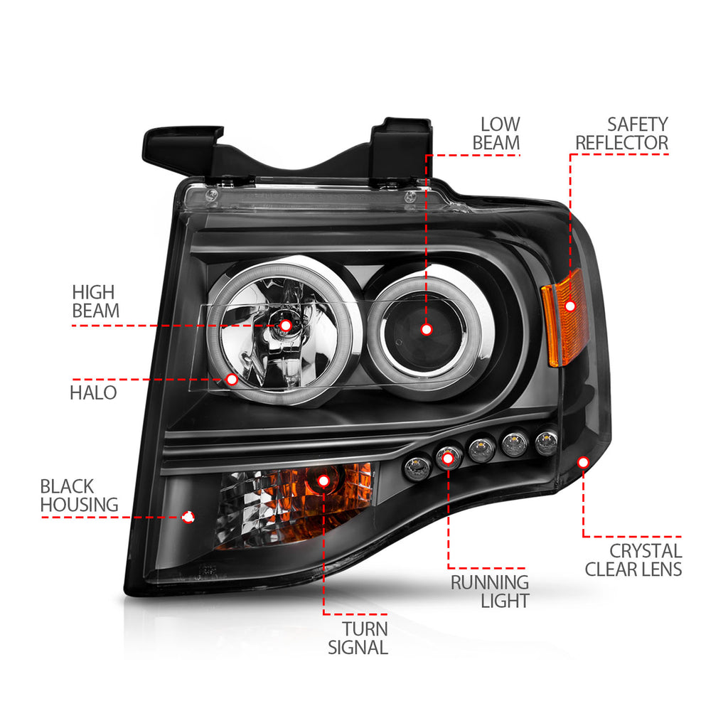 ANZO USA 111113 Projector Headlight Set w/Halo for Select Ford Expedition