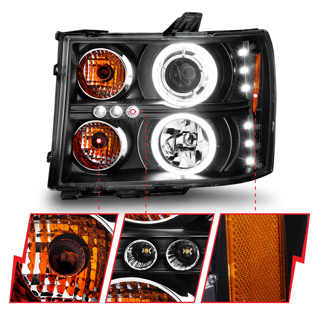 ANZO USA 111125 Projector Headlight Set w/Halo for Select GMC Sierra 1500, GMC Sierra HD, GMC Sierra HD
