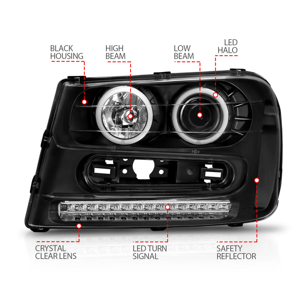 ANZO USA 111127 Projector Headlight Set w/Halo for Select Chevrolet Trailblazer, Chevrolet Trailblazer EXT