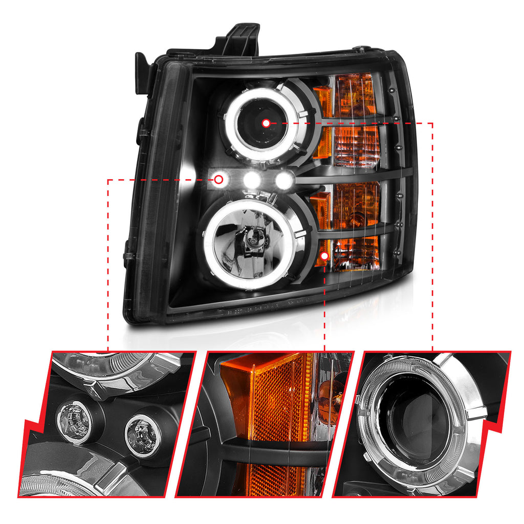 ANZO USA 111200 Projector Headlight Set w/Halo for Select Chevrolet Silverado 1500, Chevrolet Silverado HD, Chevrolet Silverado HD