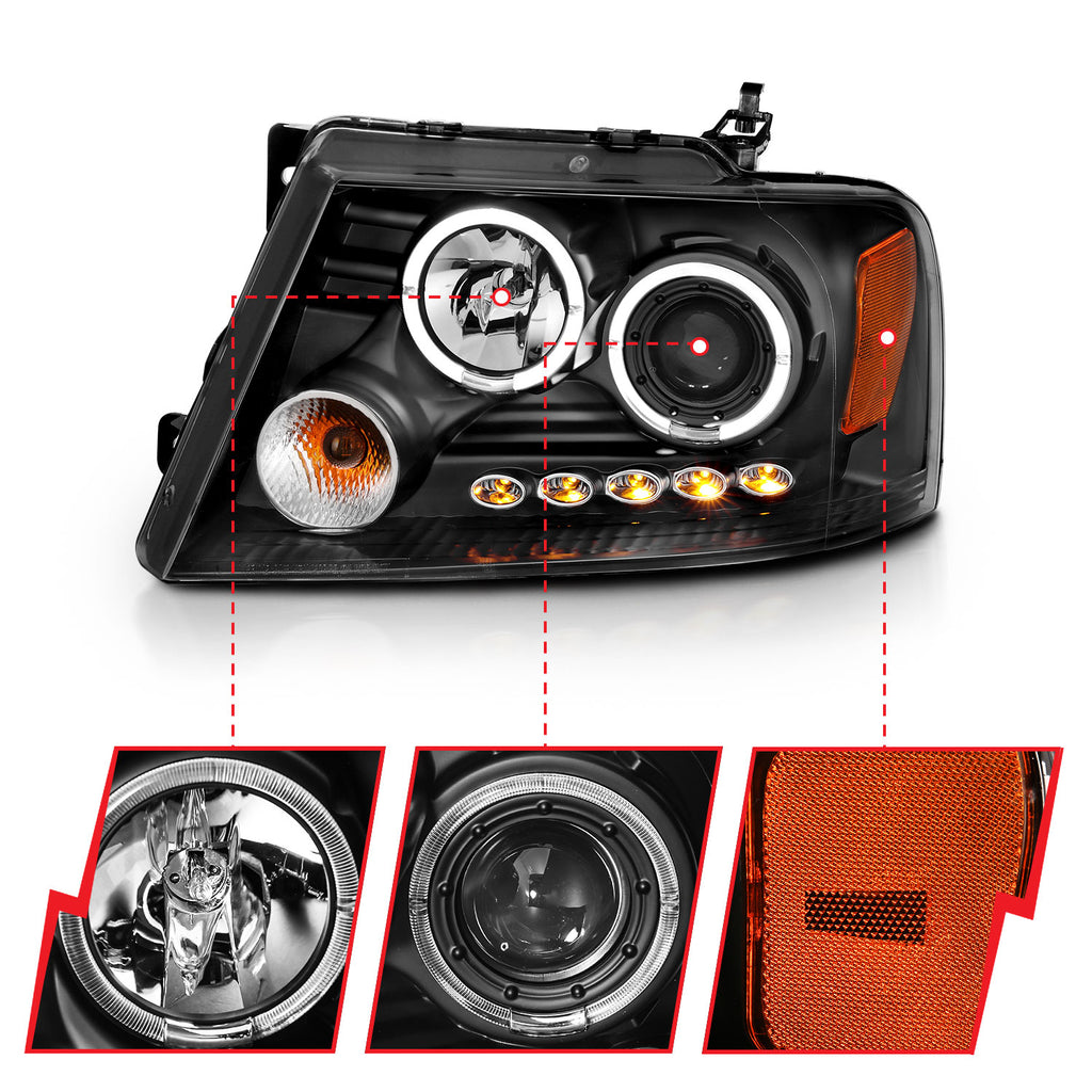 ANZO USA 111204 Projector Headlight Set w/Halo for Select Ford F-150, Lincoln Mark LT