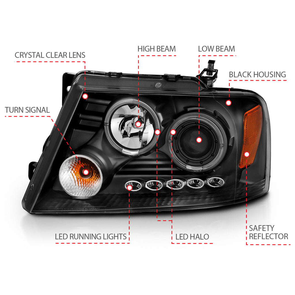 ANZO USA 111204 Projector Headlight Set w/Halo for Select Ford F-150, Lincoln Mark LT