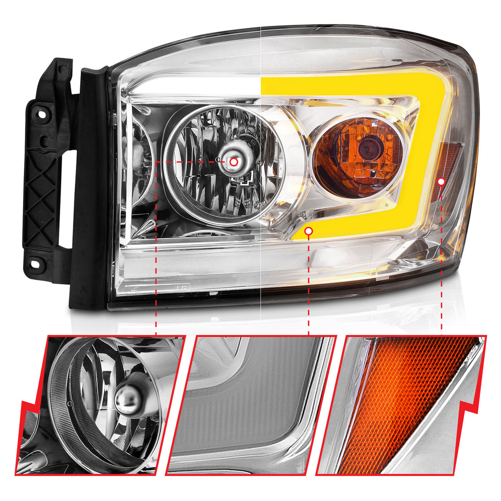 ANZO USA 111527 CRYSTAL HEADLIGHT W/ LIGHT BAR SWITCHBACK CHROME HOUSING CLEAR LENS for Select Dodge Ram 1500, Dodge Ram 2500, Dodge Ram
