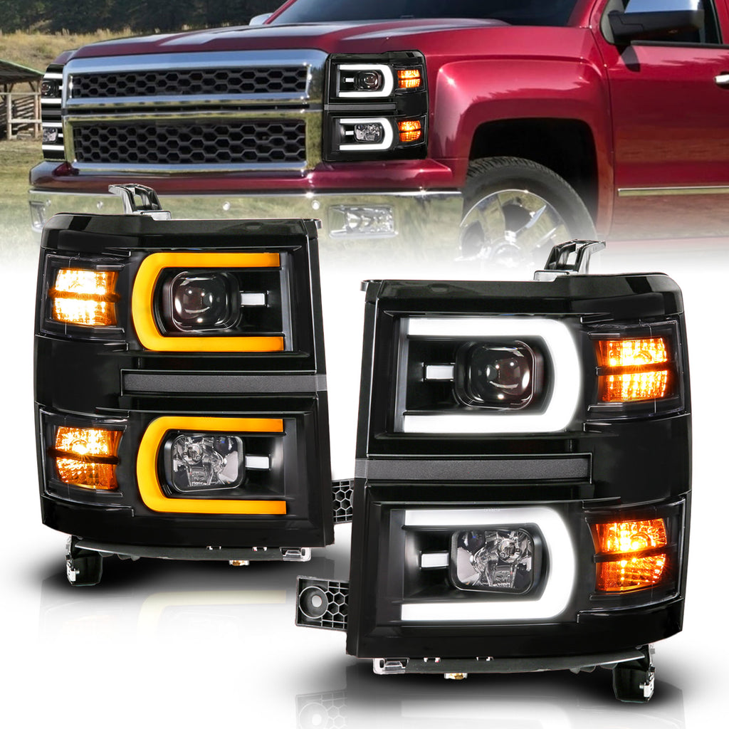 ANZO USA 111617 Black Housing Dual Switchback+Sequential LED Tube Square Projector Headlights for Select Chevrolet Silverado
