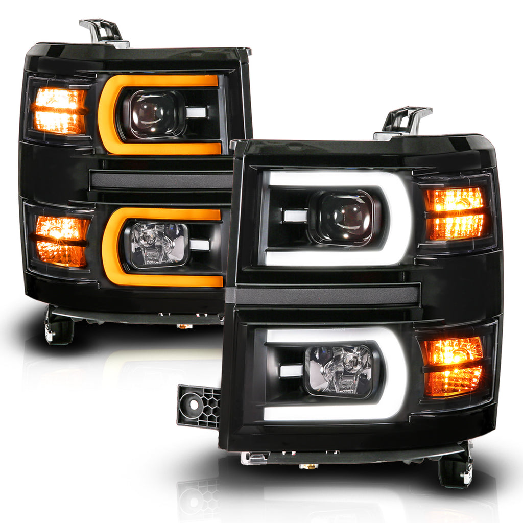 ANZO USA 111617 Black Housing Dual Switchback+Sequential LED Tube Square Projector Headlights for Select Chevrolet Silverado