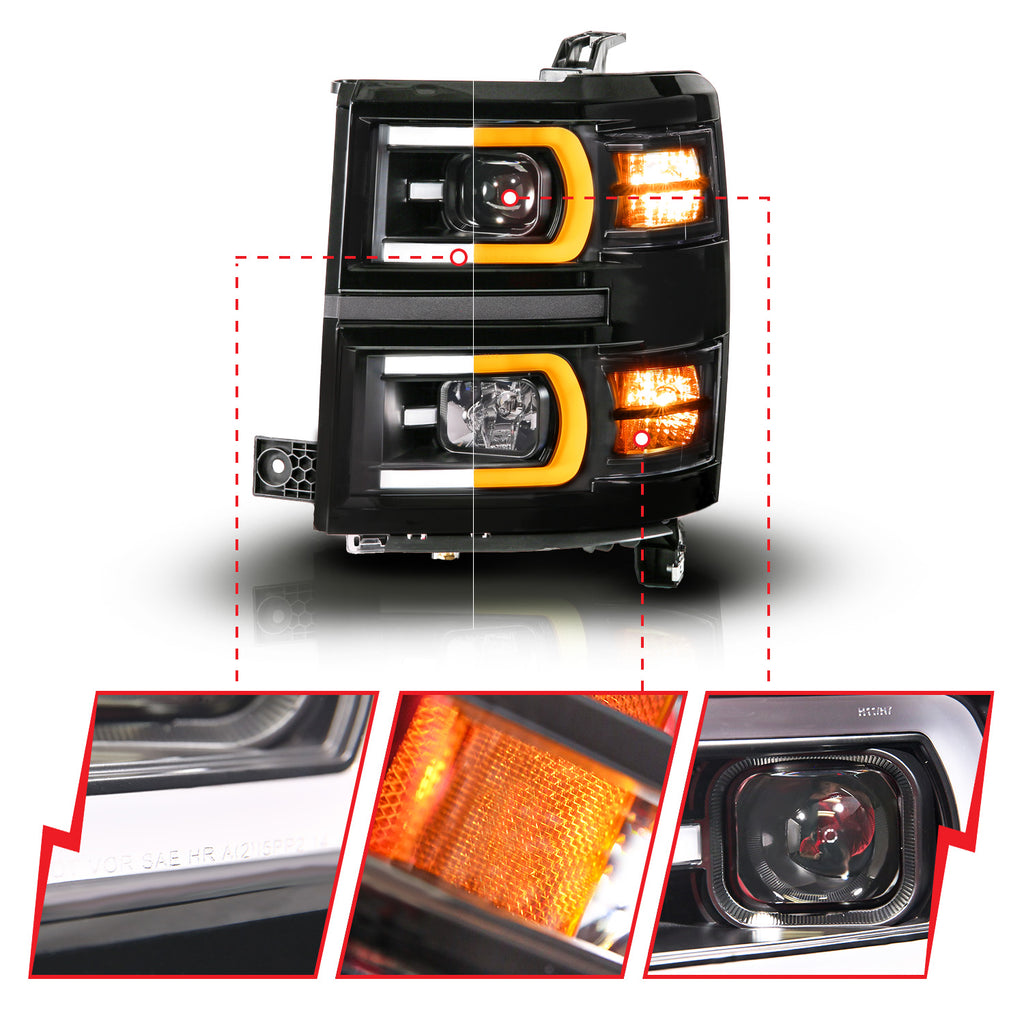 ANZO USA 111617 Black Housing Dual Switchback+Sequential LED Tube Square Projector Headlights for Select Chevrolet Silverado