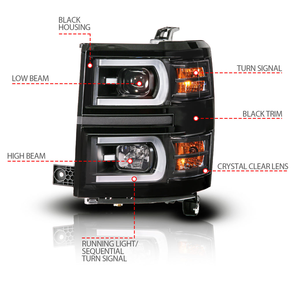 ANZO USA 111617 Black Housing Dual Switchback+Sequential LED Tube Square Projector Headlights for Select Chevrolet Silverado