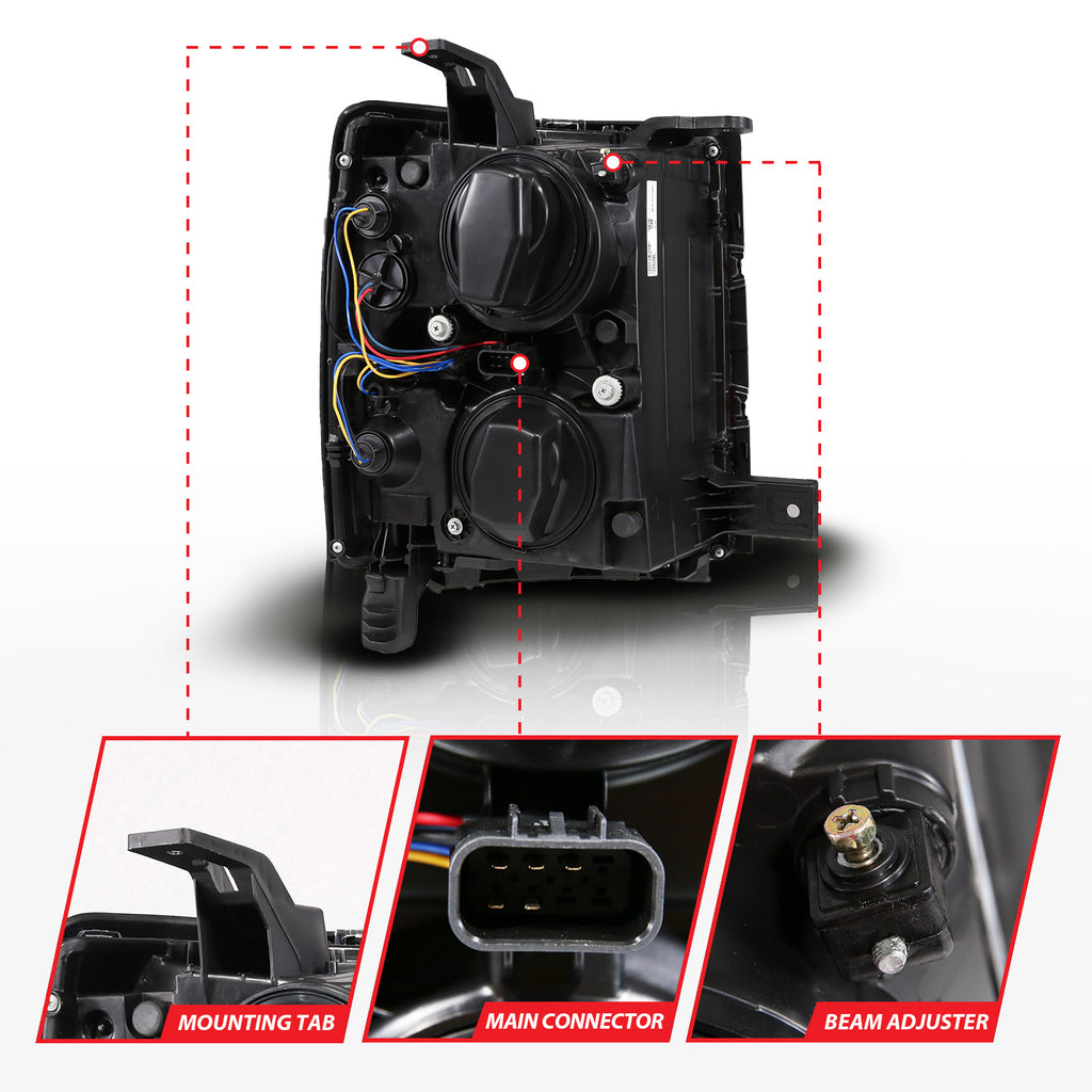 ANZO USA 111617 Black Housing Dual Switchback+Sequential LED Tube Square Projector Headlights for Select Chevrolet Silverado