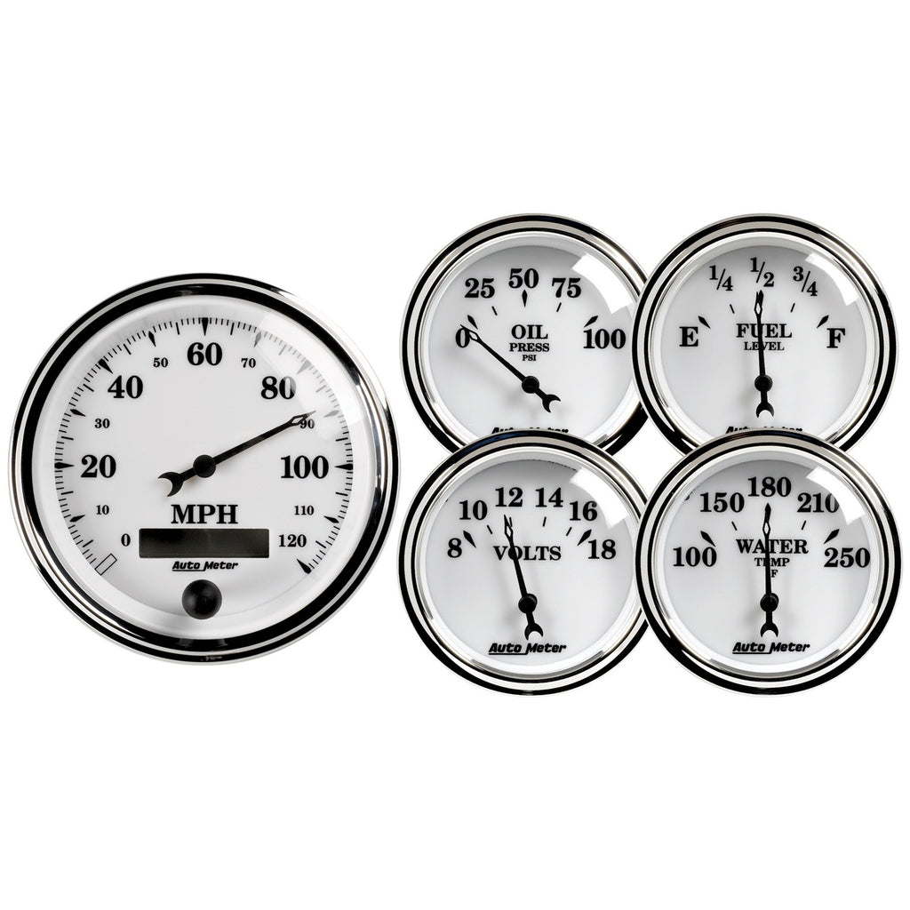 AutoMeter 1200 GAUGE KIT, 5 PC., 3 3/8" & 2 1/16", ELEC. SPEEDOMETER, OLD TYME WHITE II