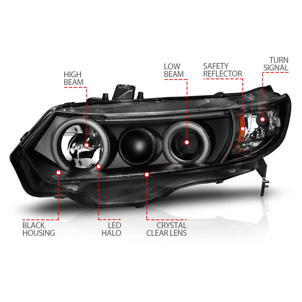ANZO USA 121062 Projector Headlight Set w/Halo for Select Honda Civic