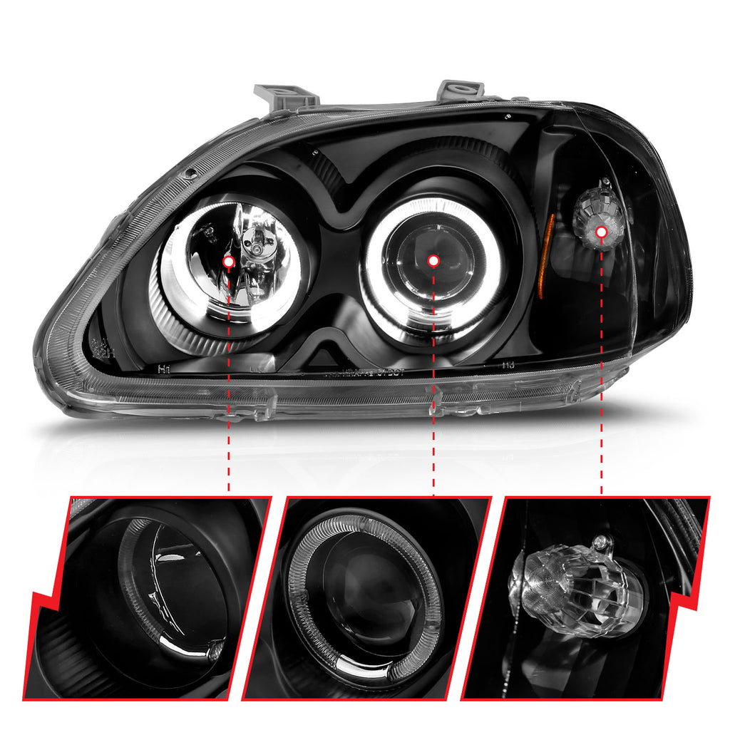 ANZO USA 121068 Projector Headlight Set w/Halo for Select Honda Civic